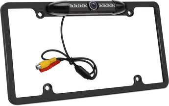 Color rear view camera with night vision and wiring harness for easy installation.