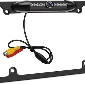 Cache Night Vision Car License Plate Rearview Black Camera with wiring and LED lights for enhanced visibility.
