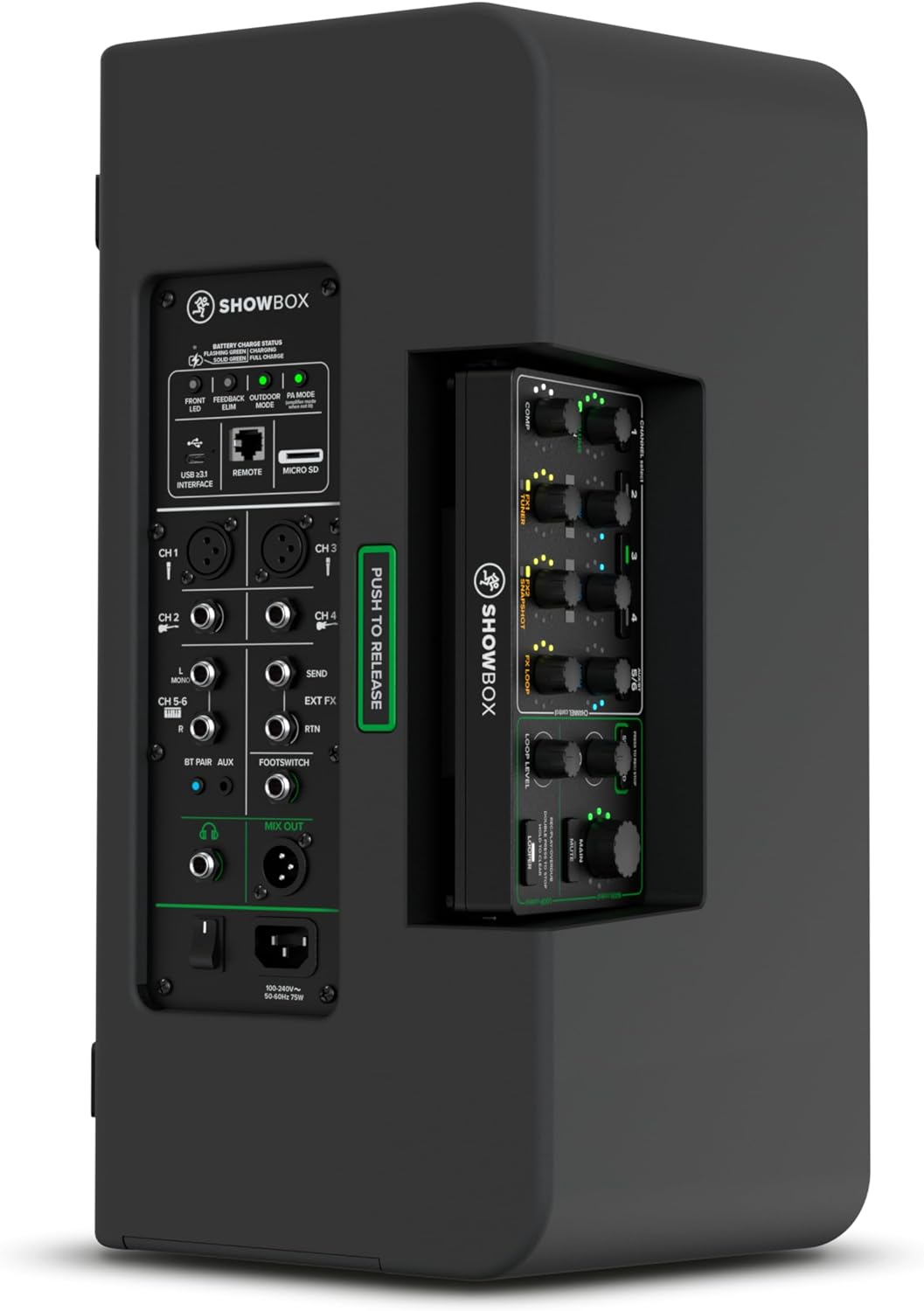 Mackie ShowBox Battery-Powered All-in-One Live Performance Rig with Breakaway Controller, 6-Channel Mixer, 400W Amp, Portable PA System, FX, SD Card, Bluetooth and USB-C Interface