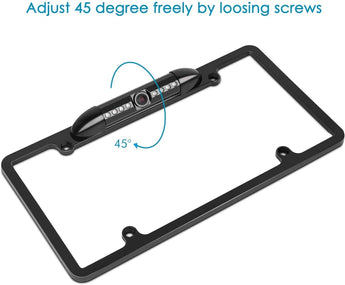 Color rear view camera with night vision and wiring harness for easy installation.