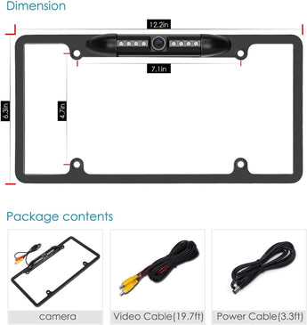 Cache Night Vision Car License Plate Rearview Black Camera with wiring and LED lights for enhanced visibility.