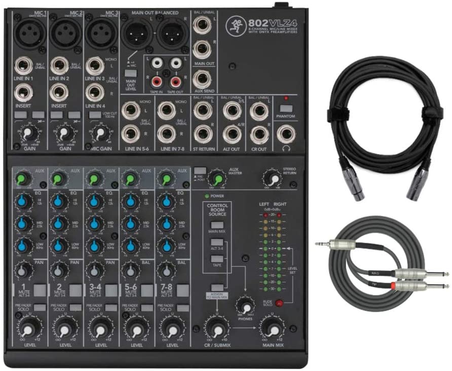 Mackie 802VLZ4 8-channel Ultra Compact Mixer with High-Quality Onyx Preamps with MR DJ XLR Cable 20 Feet and 3.5mm TRS to dual 1/4" TS Stereo Cable