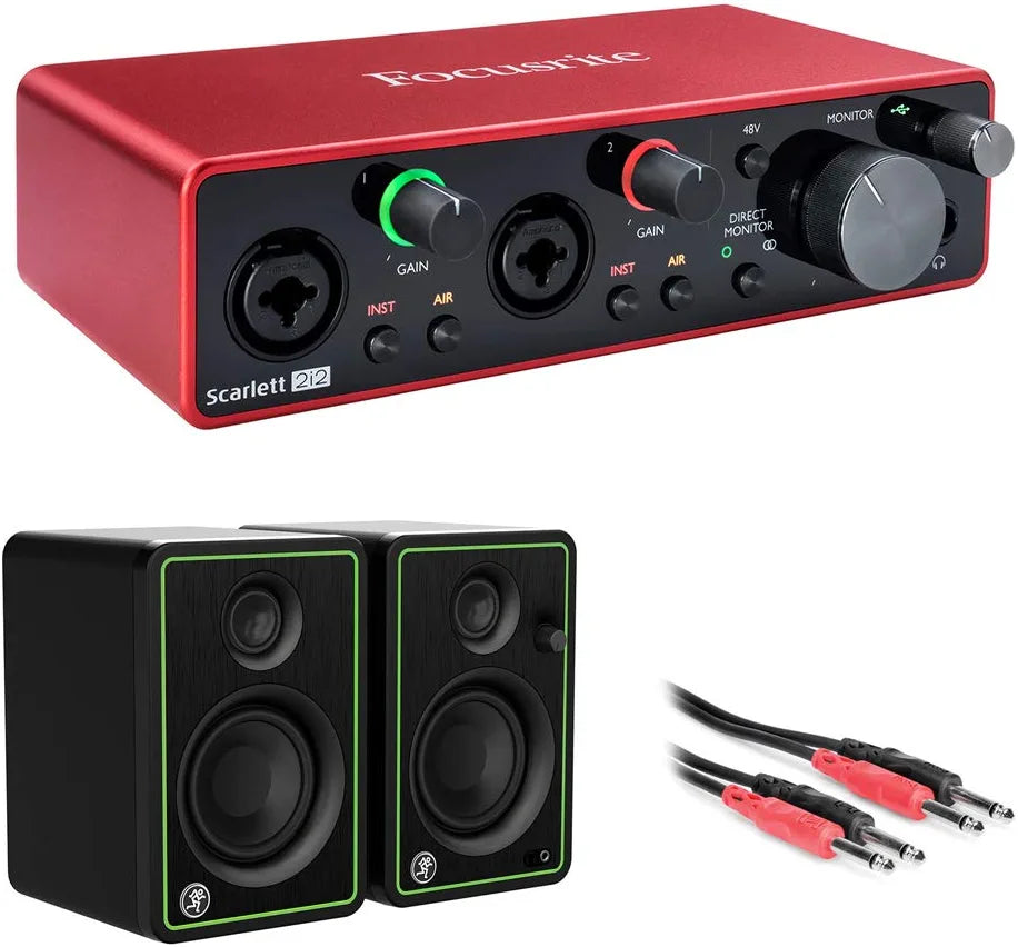 Focusrite Scarlett 2i2 USB Audio Interface, Mackie CR3-X MR DJ Double 1/4" Cable