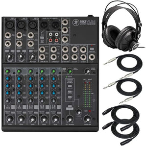 Mackie 802VLZ4 8CH Ultra Compact Mixer Onyx Preamps + Studio Monitor Headphones + 1/4" TRS 12' Cables & XLR 12' Cables