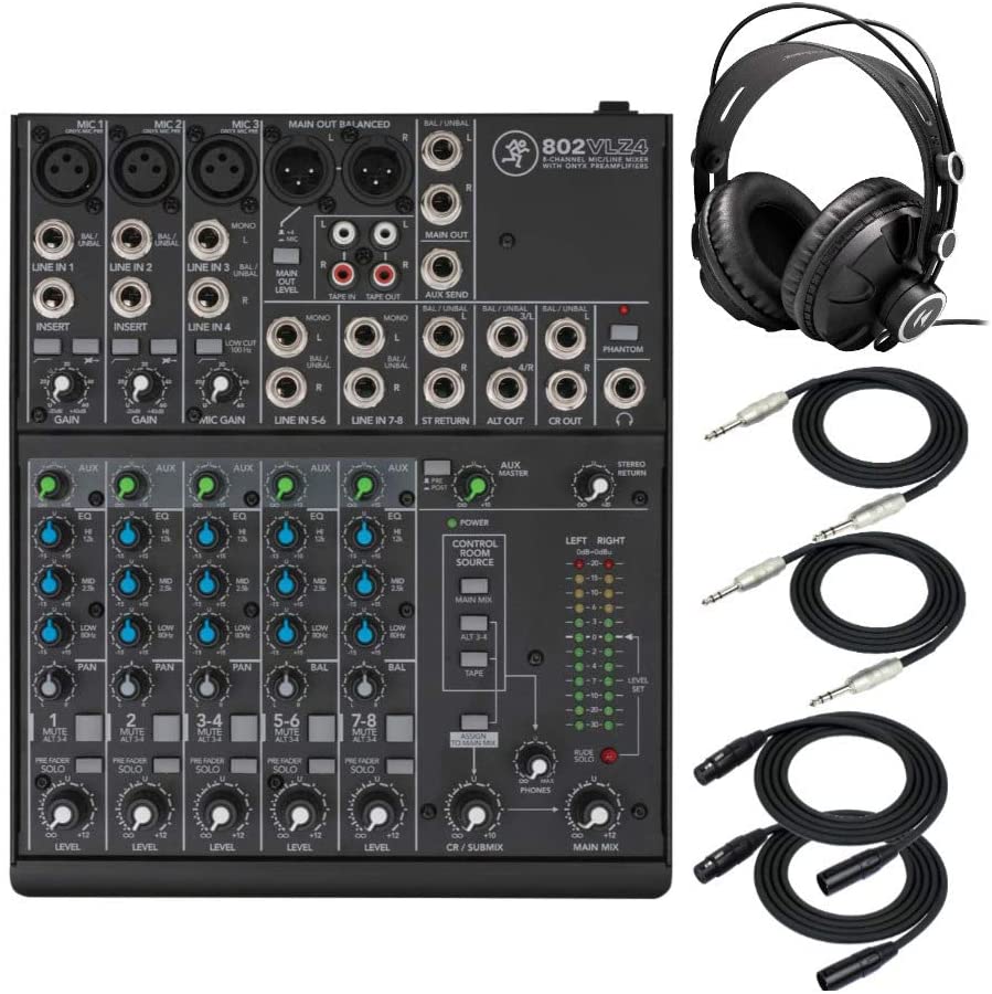 Mackie 802VLZ4, 8-channel Ultra Compact Mixer with High-Quality Onyx Preamps with MR DJ Certified Closed-Back Studio Monitor Headphones, 1/4" TRS 12' Cables, & XLR 12' Cables