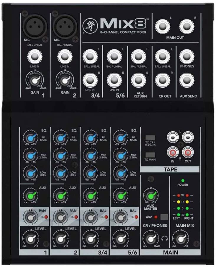 Mackie Mix8 8-Channel Compact Mixer Bundle with MR DJ Headphones, Two 1/4" TRS Cables &  XLR Cables