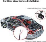 Backup camera installation comparison showing easy installation and 5mm diameter connections without drilling holes.