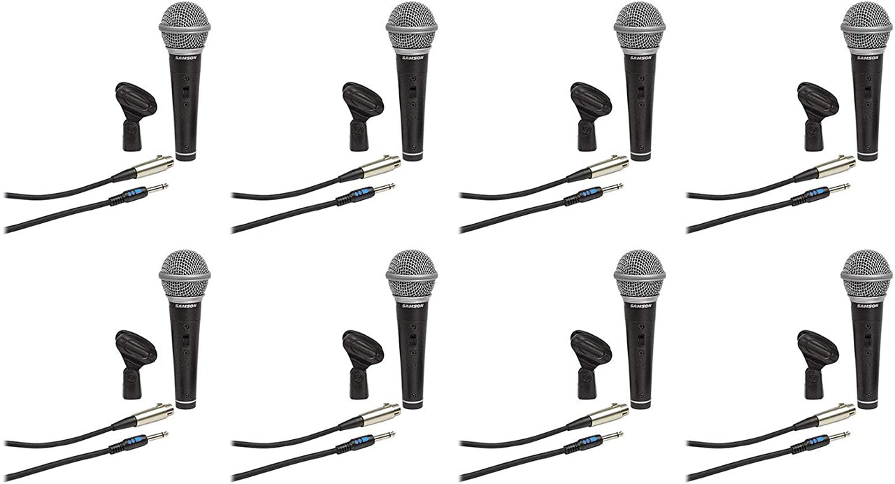 (8) Samson R21S Dynamic Handheld Microphones+Mic Clips+Cables+3.5mm adapters