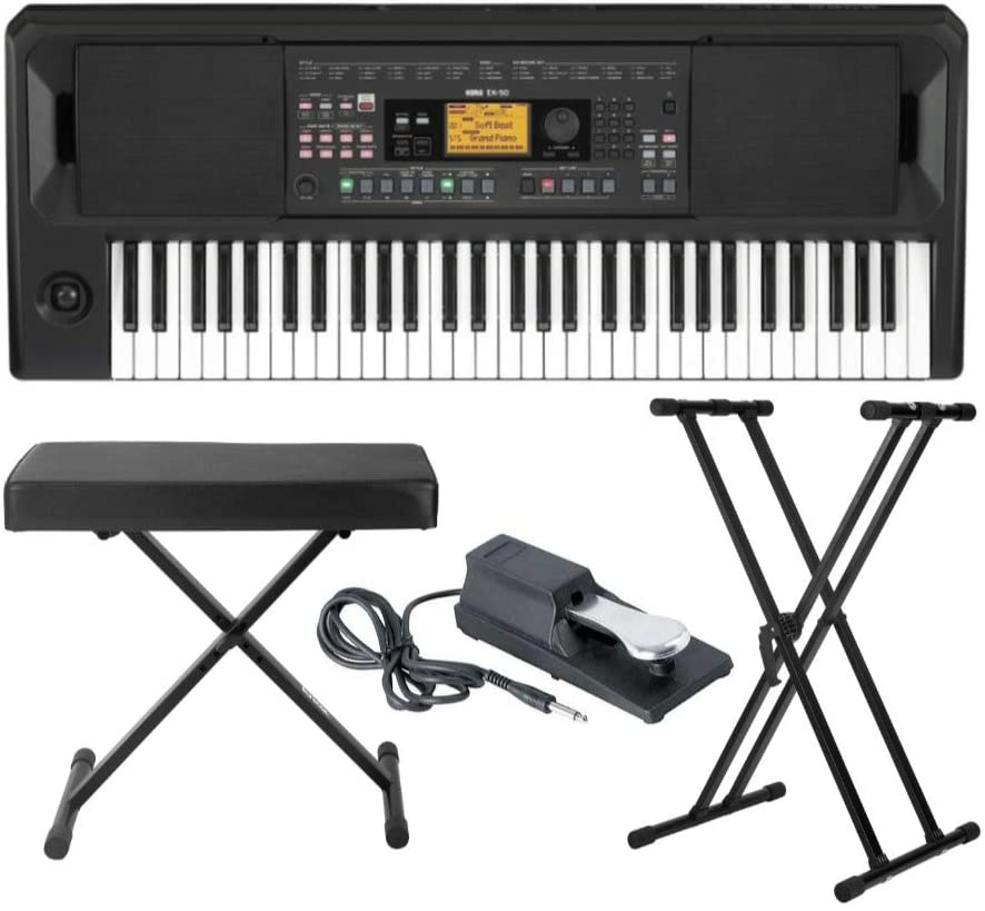 Korg EK-50 Entertainer Keyboard with MR DJ Adjustable X Style Keyboard Bench, Adjustable Keyboard Stand, and Pedal Bundle (4 Items)