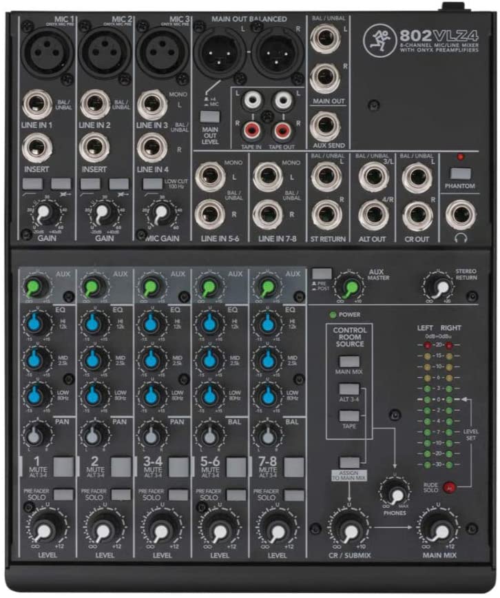 Mackie 802VLZ4 8-channel Ultra Compact Mixer with High-Quality Onyx Preamps with MR DJ XLR Cable 20 Feet and 3.5mm TRS to dual 1/4" TS Stereo Cable