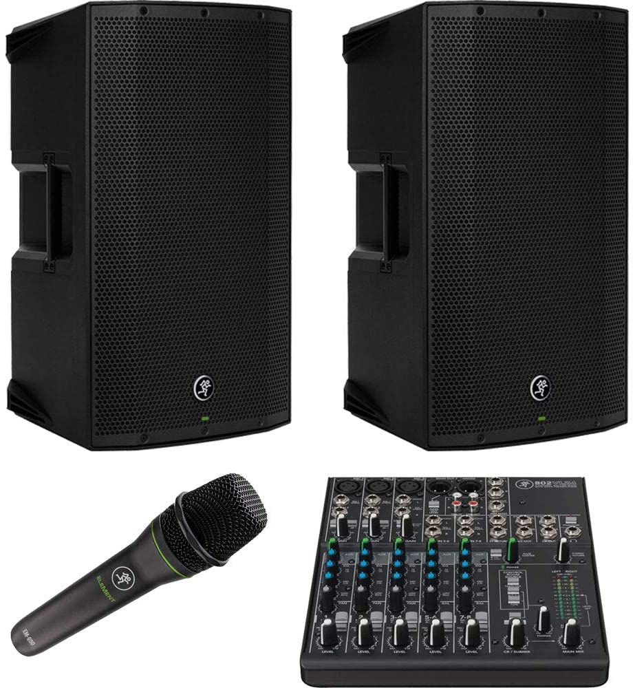 Mackie Thump212 1400W 12" Powered Speaker Pair + EM-89D Cardioid Dynamic Vocal Microphone + 802VLZ4 8-channel Analog Mixer
