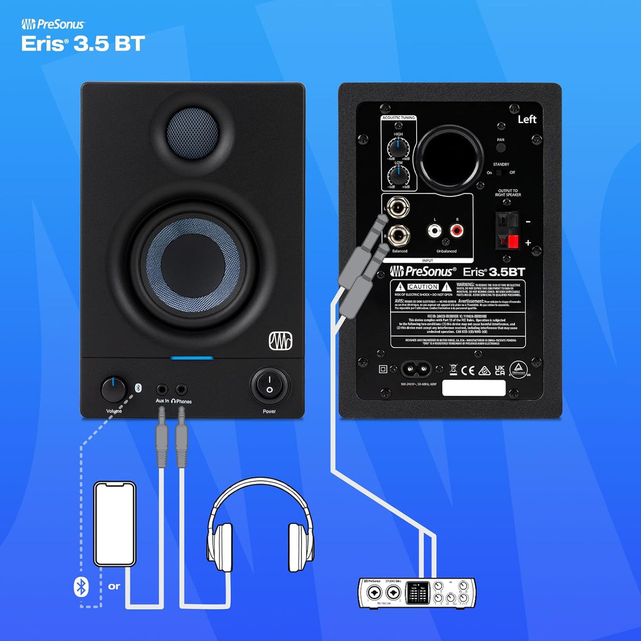 PreSonus Eris 3.5BT Bluetooth Studio Monitors, Pair — Powered, Active Monitor Speakers for Desktop, Turntable, Record Player, Bookshelf, DJ Speakers