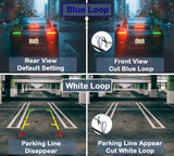 Comparison of backup camera views featuring Blue Loop and White Loop settings with parking lines and rear/front views.