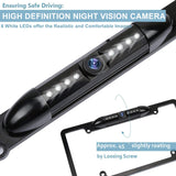 Color rear view camera with active guidelines and wire connections, designed for vehicle license plate installation.