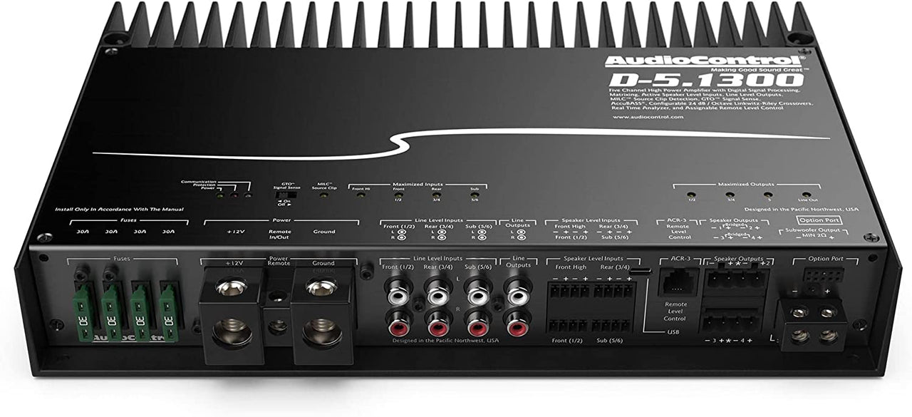 Audio Control D-5.1300 5-channel car amplifier — 100 watts RMS x 4 at 4 ohms + 500 watts RMS x 1 at 2 ohms