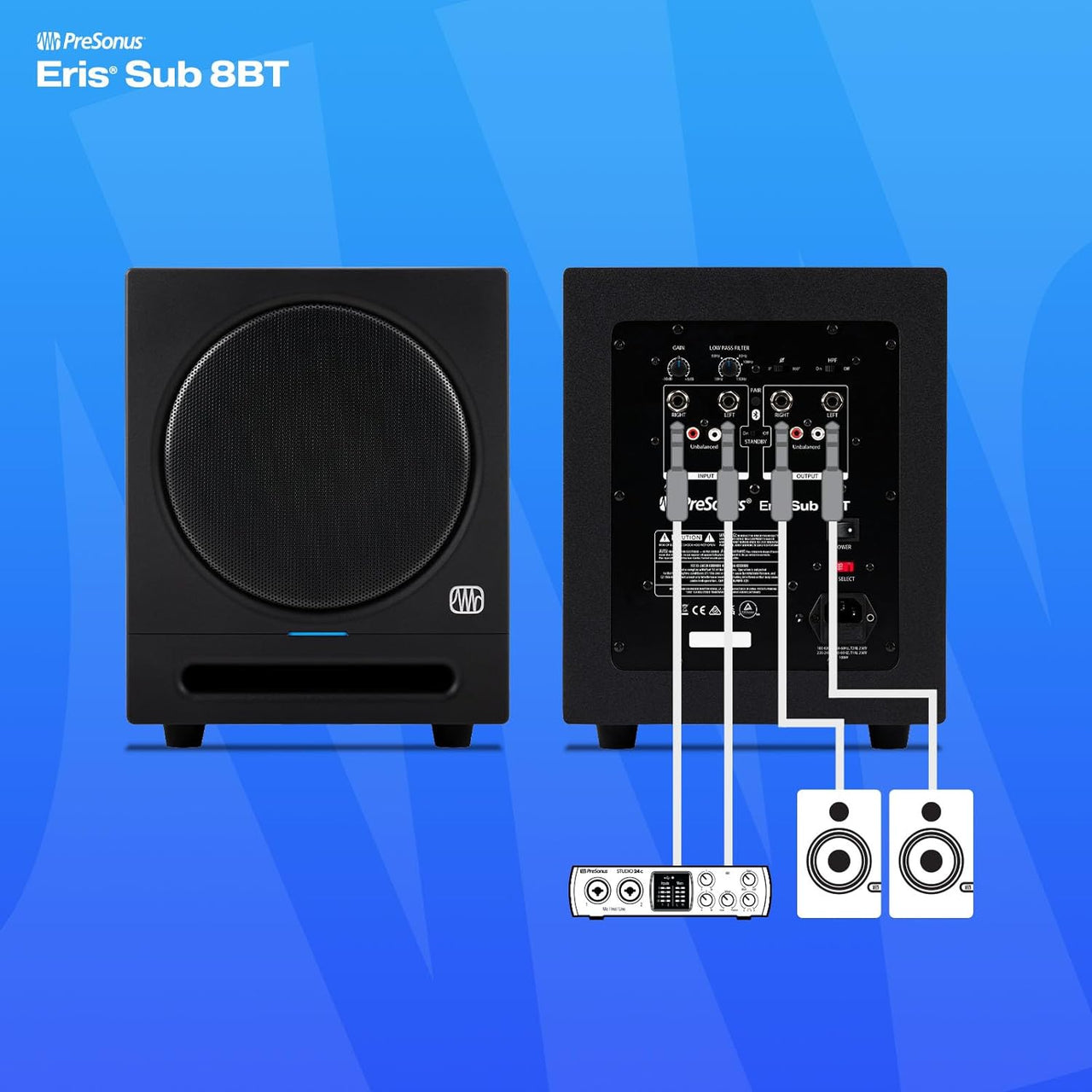 PreSonus Eris Sub 8BT — 8-inch Active Studio Subwoofer with Bluetooth for Multimedia, Gaming, Studio-Quality Music Production