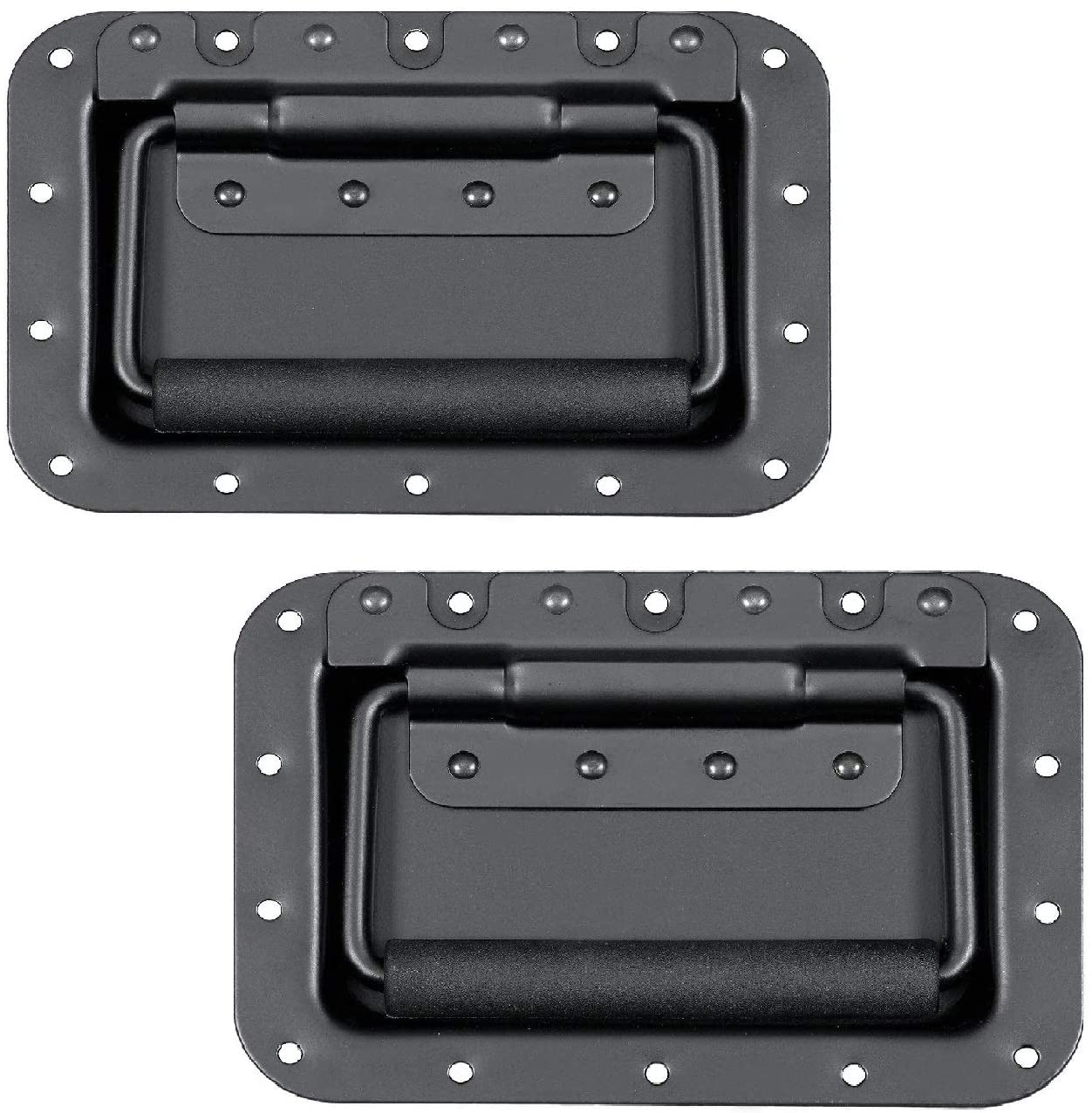 Absolute USA Set of 2 Spring Loaded Speaker Cabinet Handles 5.5 x 3.9 inches with Recessed Back - High Strength Black Metal Plate with Powerful Spring - Rubberized Holder to Reduce Hand Fatigue (1 Pair)