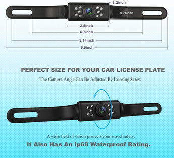 Absolute CAM600 rear view backup camera with adjustable angle and IP68 waterproof rating for car license plate.