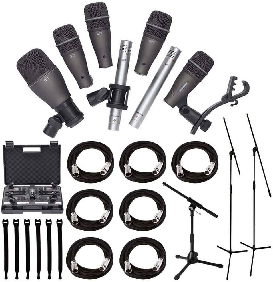Samson DK707 7-Piece Drum Microphone Kit +Mr Dj Tripod Base Mic Boom Stand + Low-Level Tripod Mic Stand + 7 XLR Mic Cables 20 ft.+ Strape, Black Accessory Bundle