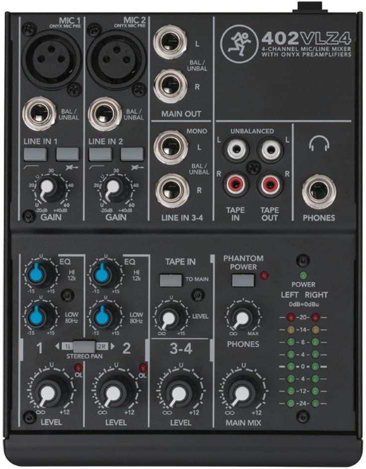 Mackie 402VLZ4 4-Channel High-Performance VLZ4 Series Phantom Powered Analog Mixing Station, 402VLZ4 with 2 Onyx Mic Preamps and 1 Stereo Channel