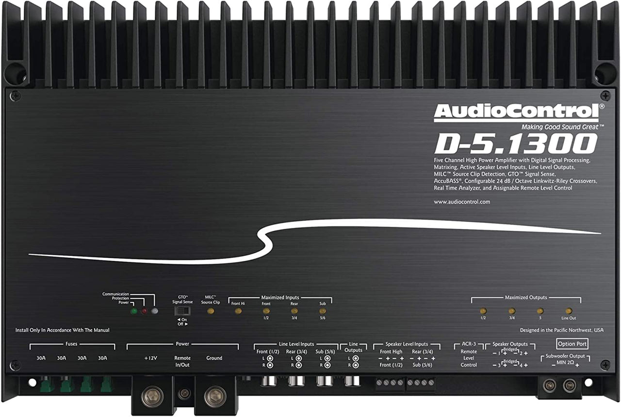 Audio Control D-5.1300 5-channel car amplifier — 100 watts RMS x 4 at 4 ohms + 500 watts RMS x 1 at 2 ohms