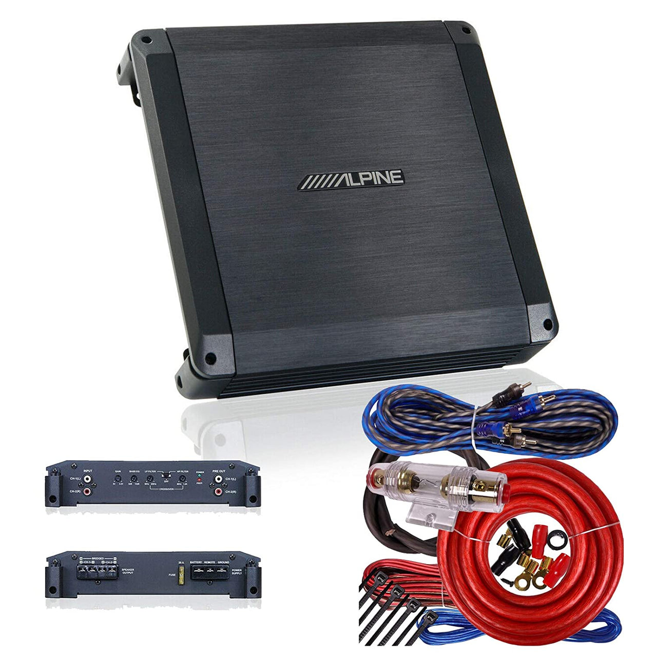 Alpine BBX-T600 300w 2 Channel or Mono Amplifier Car Stereo Amp Class-A/B 2-ohm Bundle with 8 Gauge Complete Amp Installation Wire Kit with 100 % Copper RCA