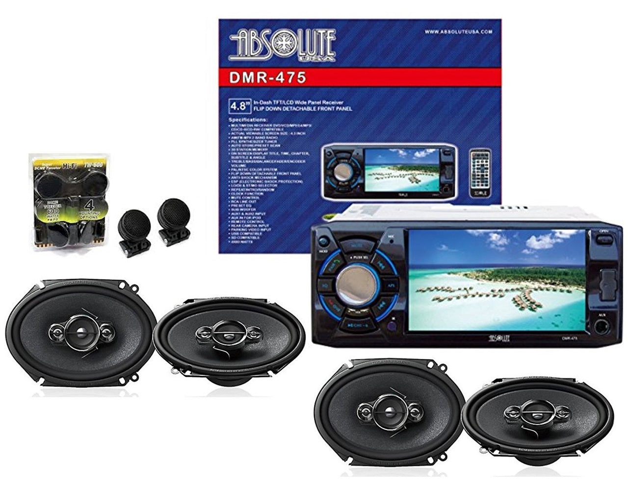 Absolute DMR-475 4.8" DVD/MP3/CD Multimedia Player Widescreen Receiver With 2 Pairs Of Pioneer TS-A6966R 6x9" Speakers And Free Absolute TW600 Tweeter