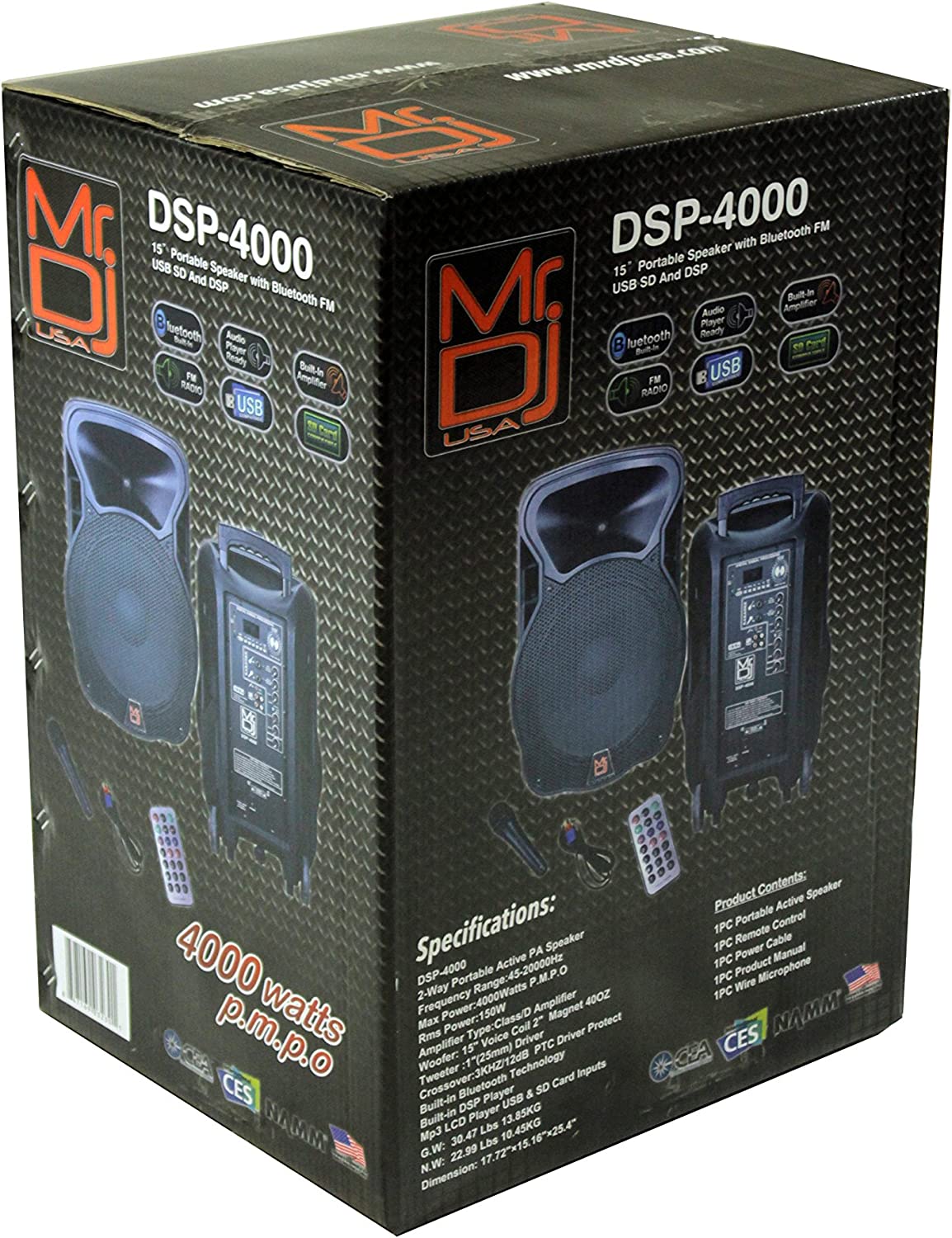 2 Mr. Dj DSP4000 15" 4000W Bluetooth DSP FM Radio USB Portable PA DJ Speaker Microphone