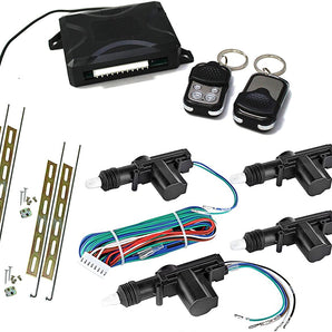 Absolute CDLA-500 car power central lock kit components including remotes, actuators, and installation hardware.