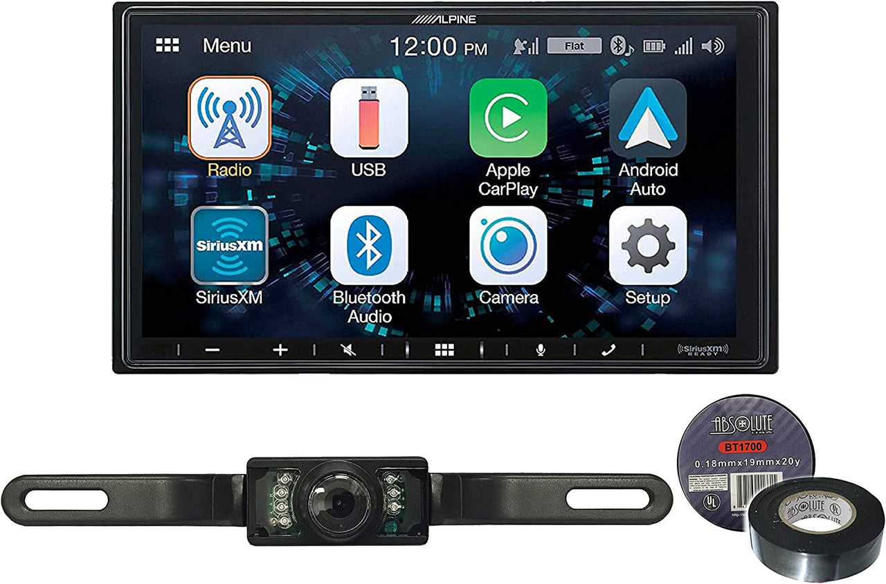 Alpine iLX-W670 7" Mech-Less Receiver Compatible with Apple CarPlay and Android Auto+Absolute CAM600 Universal Backup Camera License Plate Mount+Free Electrical Tape BT1700