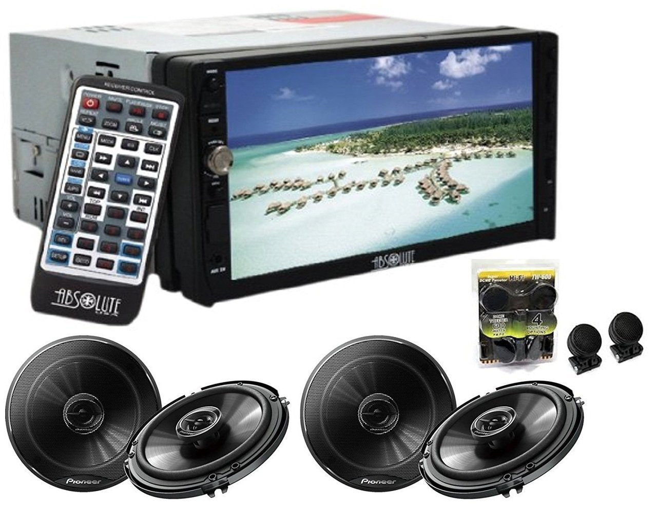 Absolute DD-3000ABT 7-Inch Double Din Multimedia DVD Player Receiver With 2 Pair Pioneer TS-G1645R 6.5 Speakers And Free Absolute TW600 Tweeter