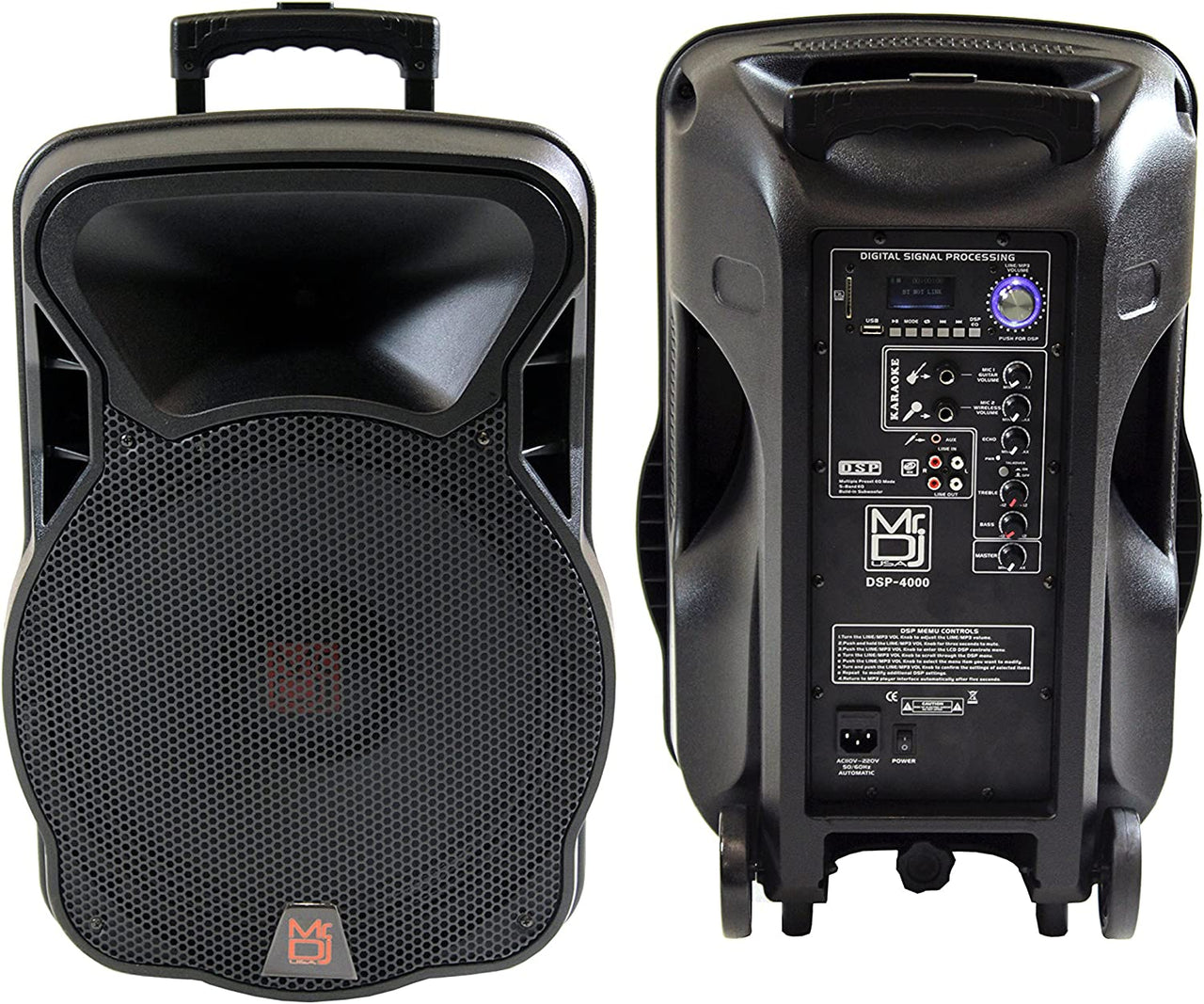 2 Mr. Dj DSP4000  15" 4000W Bluetooth DSP FM Radio USB Portable PA DJ Speaker & Stands Pair