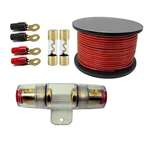 American Terminal 100 Amp Inline AGU Fuse Holder Fits 4 8 10 Gauge Wire with  RT4 4-Gauge Ring Terminal and AGU100 AGC Gold Standard Glass Fuses 100 Amp 12 Volts + 4 Gauge Power 20 Feet RED