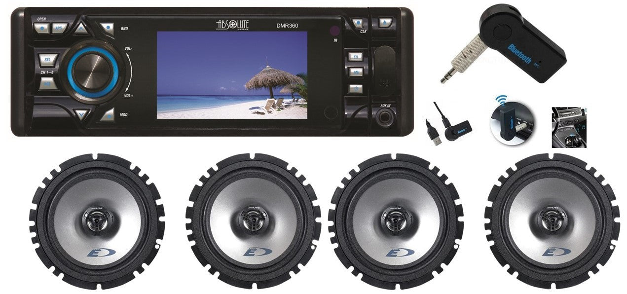 Absolute DMR-360BTAD Alpine SXE-1726S<br/> 3.5" Single Din Car Stereo DVD/CD/MP3/AM/FM Player & 2 Pairs Alpine SXE-1726S 6.5" Speakers