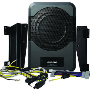 Alpine PWE-S8-WRA amplified subwoofer with accessories for custom fit installation in Jeep Wrangler.
