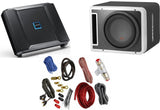 Alpine R-SB10V 10" subwoofer with R-A75M mono amplifier and installation hardware kit including wiring and connectors.
