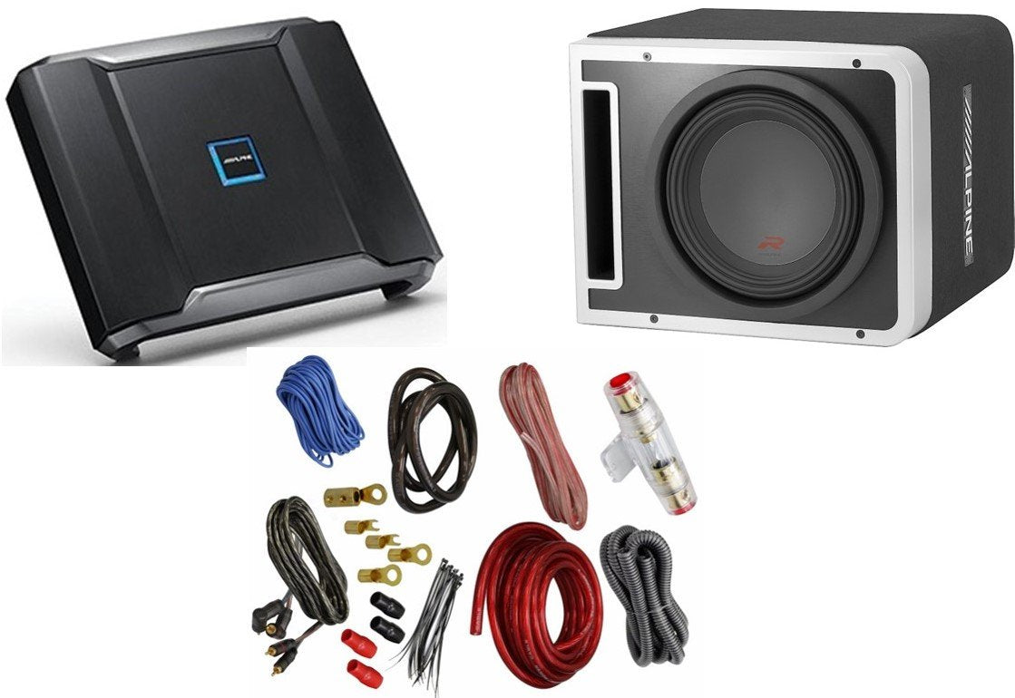 Alpine R-SB10V 10-inch Subwoofer Enclosure, R-A75M 750-Watt Mono Amplifier, and Absolute KIT4