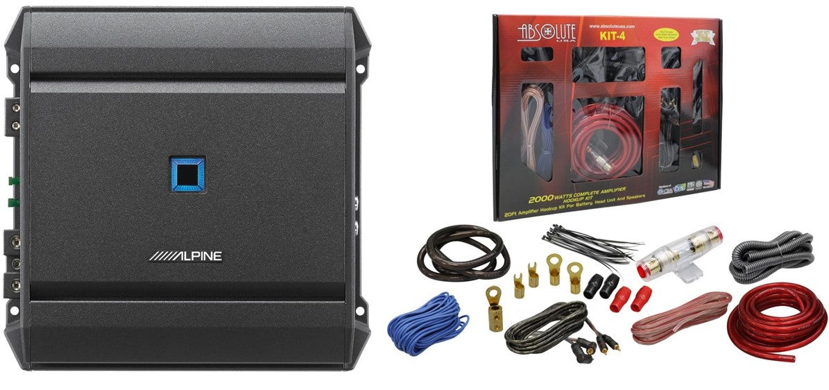 Alpine S2-A60M  Mono-Channel 600 Watts S-Series Class-D Amplifier + 4 Gauge Complete Amplifier Kit
