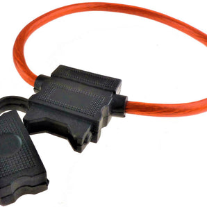 ATC in-line blade fuse holder with red wire and black connector, designed for wire protection and durability.