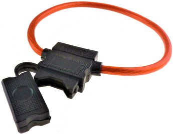 In-line blade fuse holder featuring a black plastic clip and a red OFC copper wire for electrical protection.