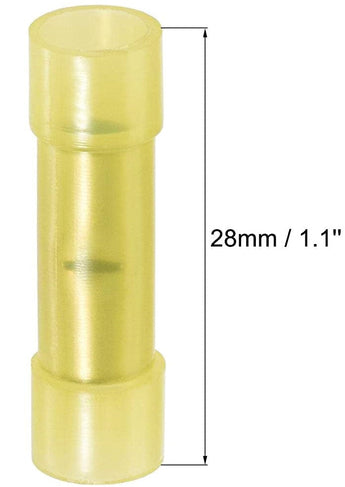 Yellow insulated nylon butt connectors for 12-10 gauge AWG wires, durable and reliable for electrical connections.