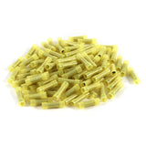 A pile of yellow insulated nylon crimp terminals connectors, ideal for 12 - 10 gauge AWG wiring applications.