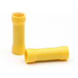 Nylon butt connectors in yellow, 12-10 AWG size, featuring dimensional specifications for installation. Nylon butt connectors in yellow, 12-10 AWG size, featuring dimensional specifications for installation.