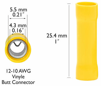 12-10 AWG yellow insulated crimp terminal crimping connector dimensions and details.