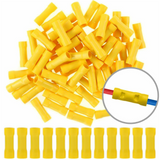Yellow insulated crimp terminals connectors, 12-10 gauge, arranged in a group for electrical wiring projects.