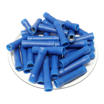 Blue insulated crimp terminal showing a detailed view of the insulated crimp terminals design.