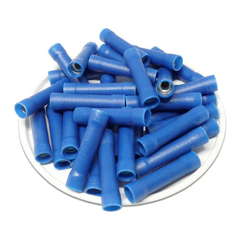 Blue insulated crimping connectors for 16-14 gauge wire, suitable for reliable electrical connections.