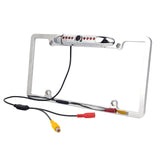 Absolute CAM2100S chrome license plate camera backup with LED night vision and connectors for vehicles.
