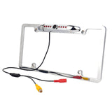 Absolute CAM2100S Chrome License Plate Backup Camera with LED lights and cables for easy installation.