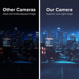 Comparison of low light images showing other cameras' dark underexposed image versus superior low light image from our  license plate frame backup camera rear view. 